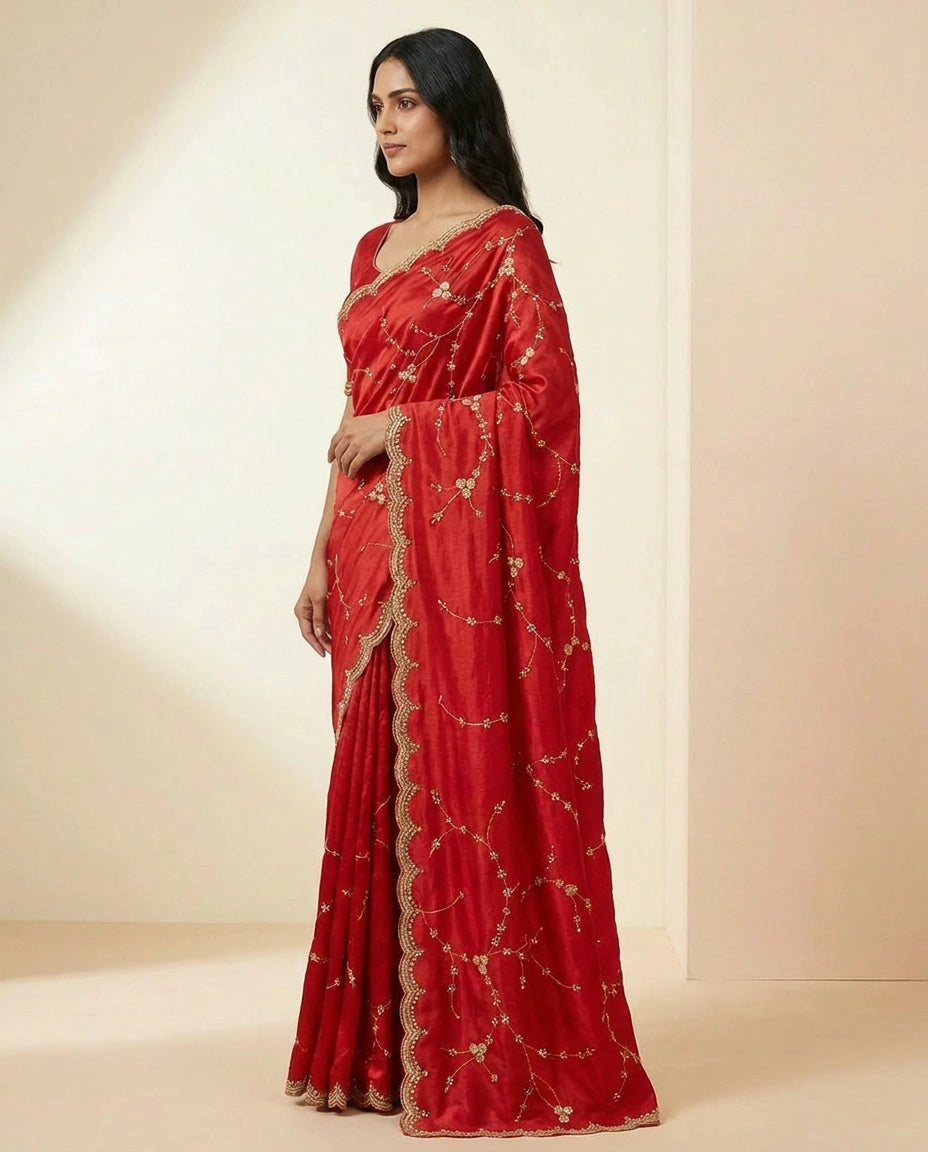 Wrinkle Satin Embroidered Saree with Floral Thread Design view 3