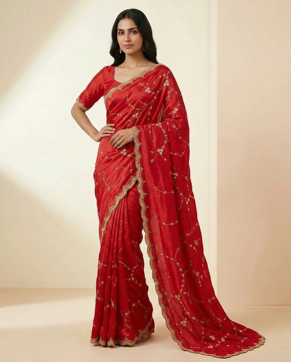 Wrinkle Satin Embroidered Saree with Floral Thread Design view 4