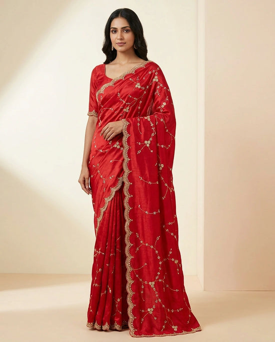 Red Wrinkle Satin Embroidered Saree with Floral Thread Design