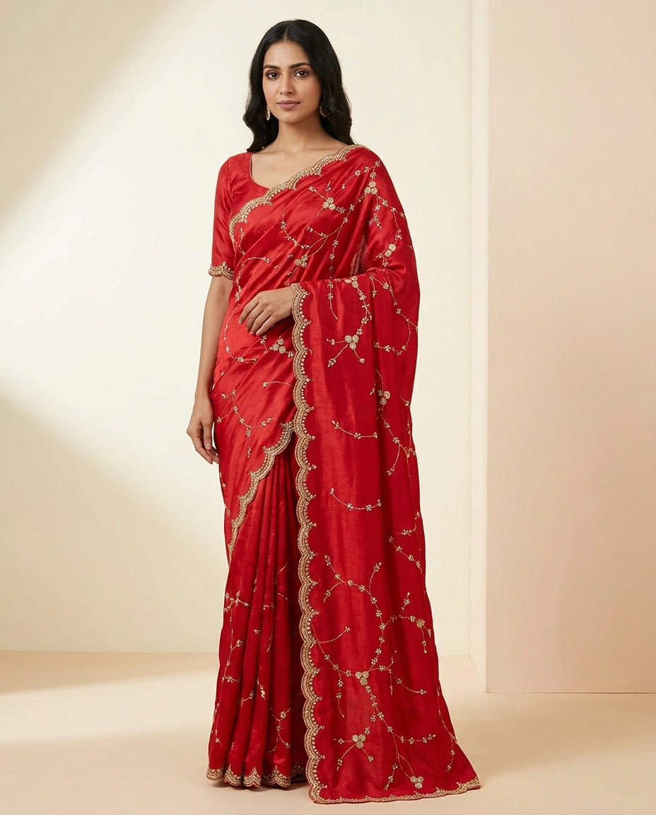 Red Wrinkle Satin Embroidered Saree with Floral Thread Design