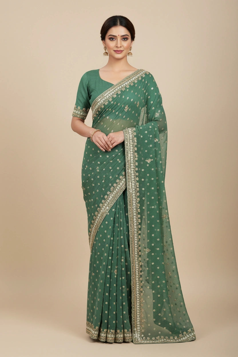 Embroidered Organza Weave Saree with Traditional Motifs