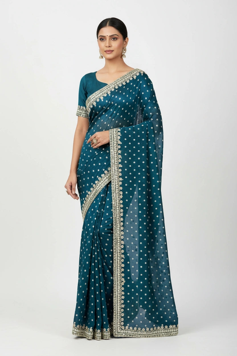 Embroidered Organza Weave Saree with Traditional Motifs