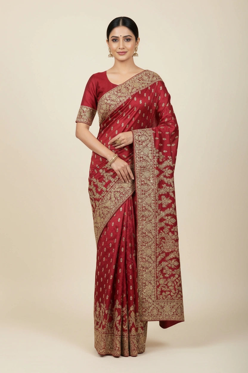 Embroidered Pure Satin Silk Saree with Zari Work