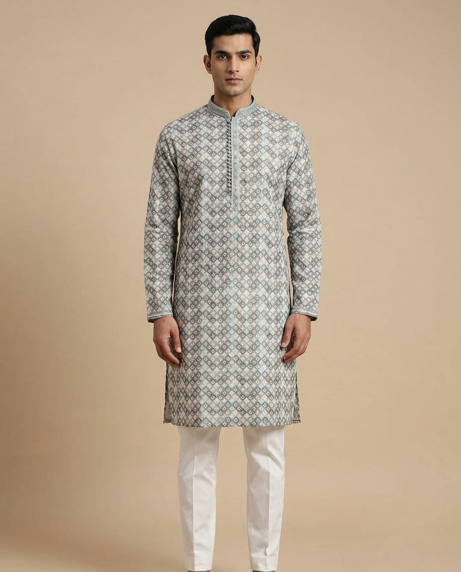 Grey Cotton Kurta Set for Festive and Puja Occasions