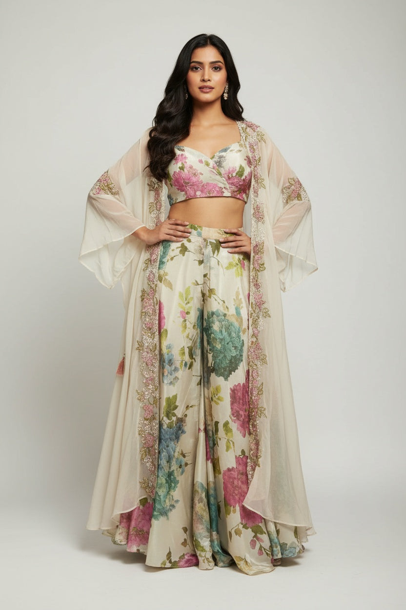 Luxury Pastel Floral Ensemble Palazzo Suit with Statement Cape Jacket