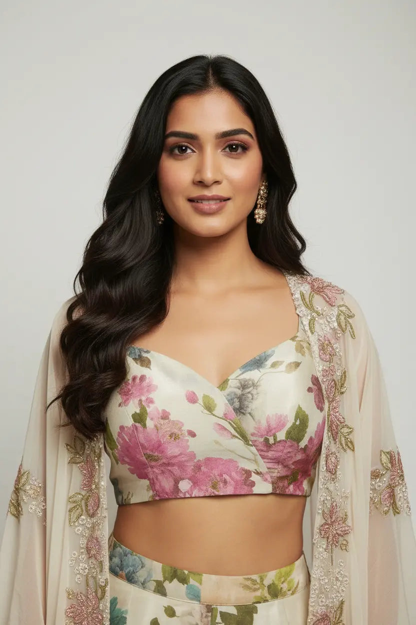 Woman wearing a floral blouse and dupatta against a plain background