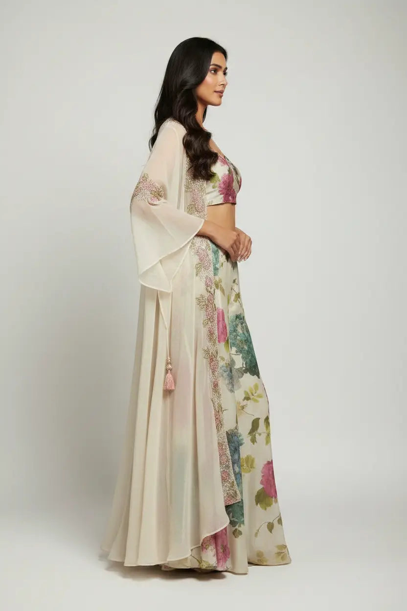 Woman wearing a floral saree with a plain background