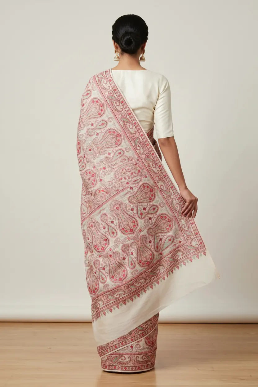 Woman wearing a white saree with red patterns on a plain background