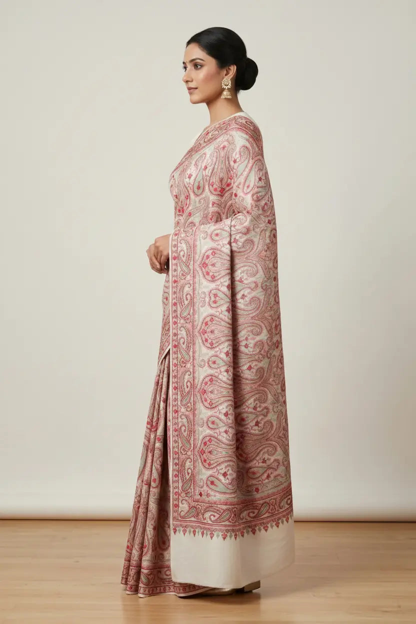 Woman wearing a patterned traditional outfit on a plain background