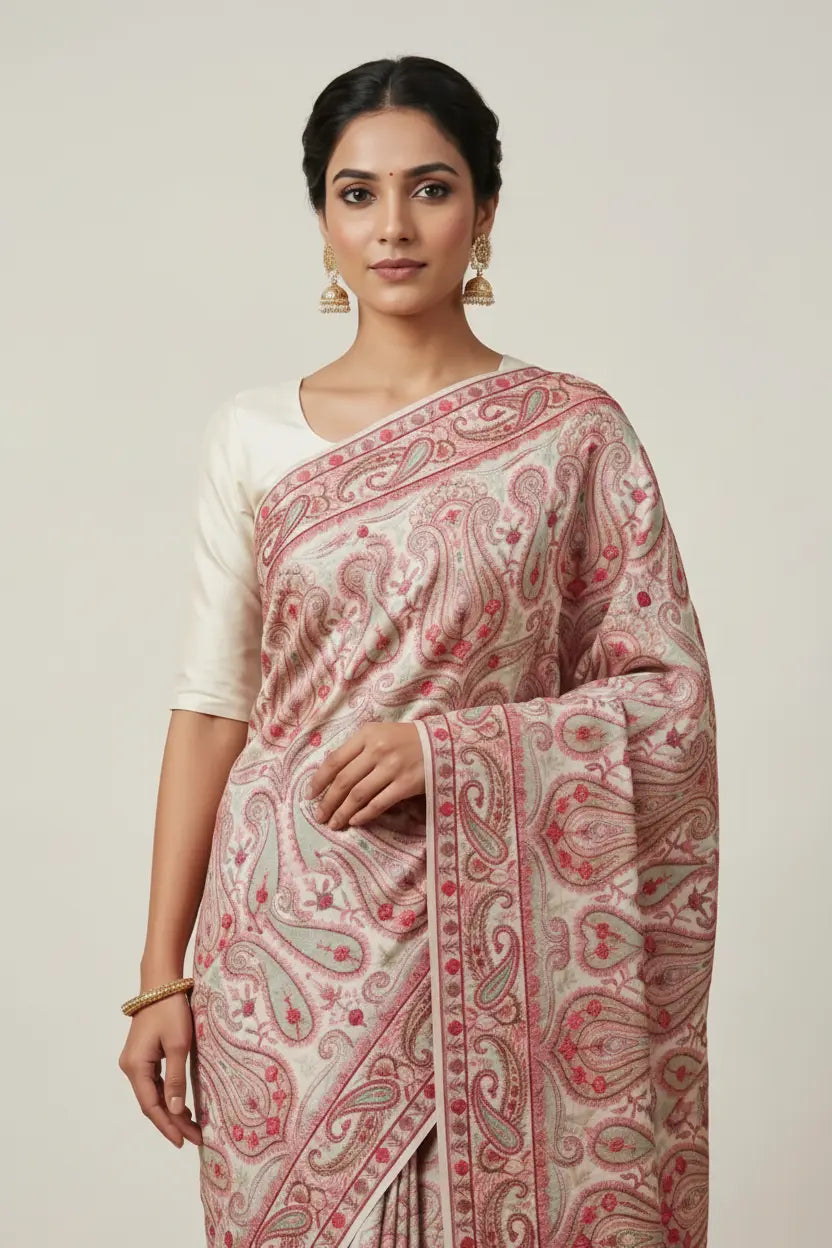 Woman wearing a pink and white saree with a subtle pattern on a plain background