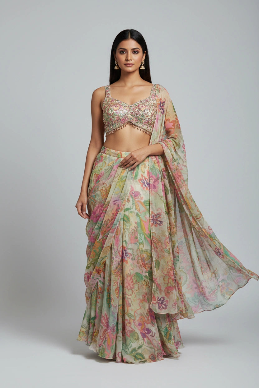 Graceful Pastel Floral Drape Saree with Intricate Blouse Work