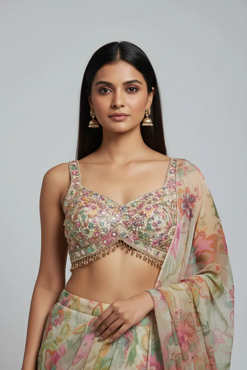 Woman wearing a floral blouse and saree with a plain background