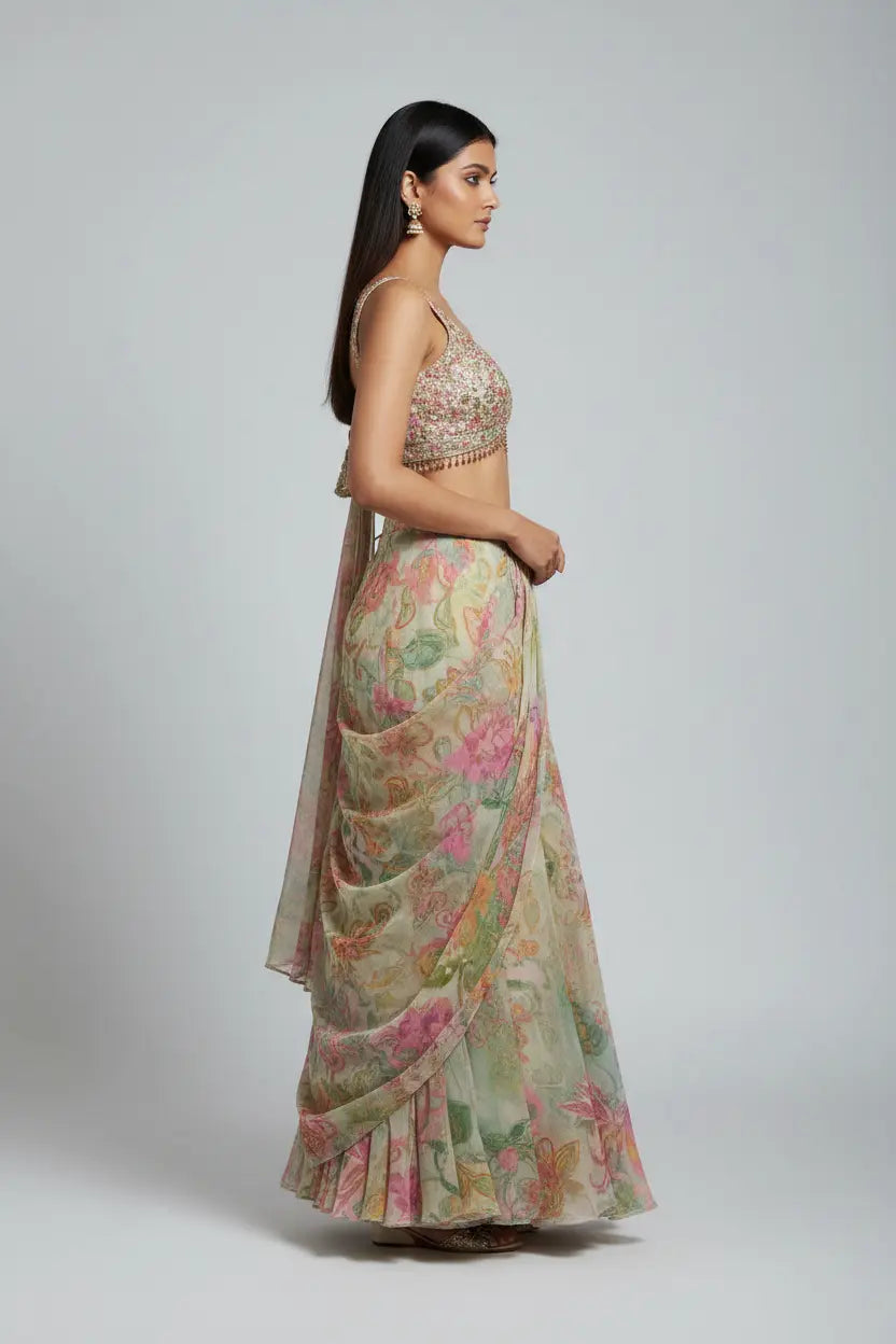 Woman wearing a floral saree with a plain background