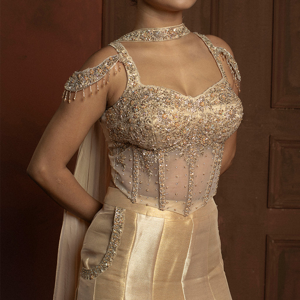 Helen Gold Tissue Plazzo Suit Set - tissue Indian ethnic wear by Rangoli