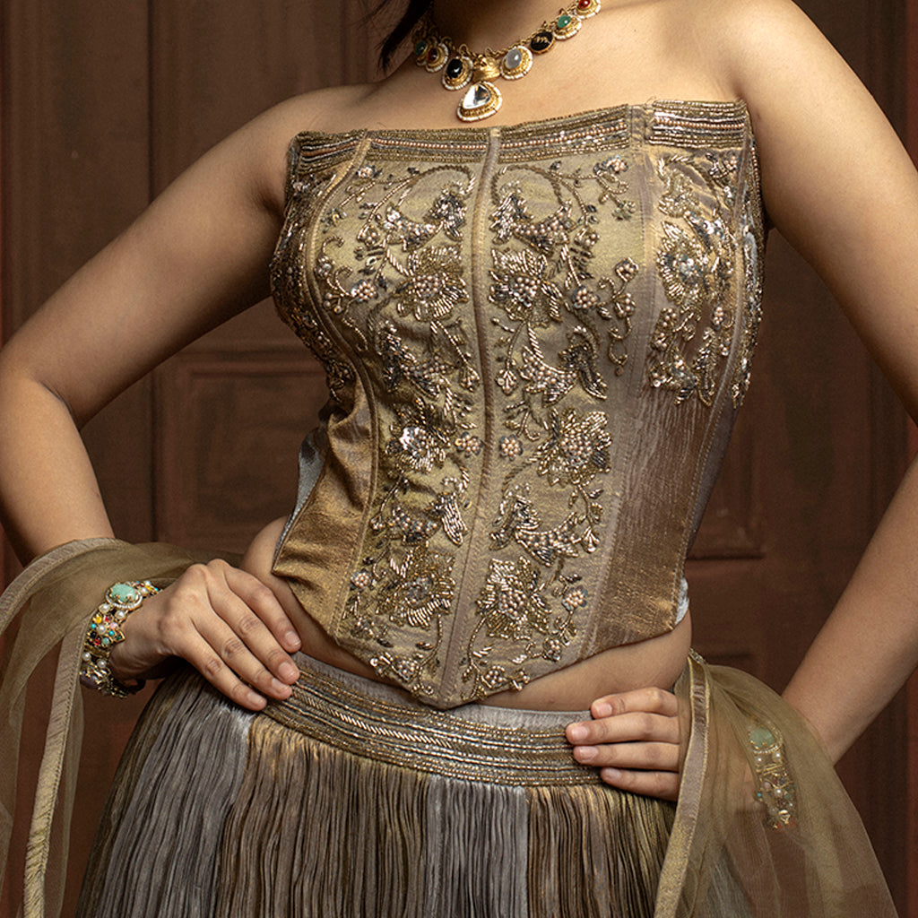 Olive Embroidered Corset Lehenga with Crushed Skirt & Organza Dupatta