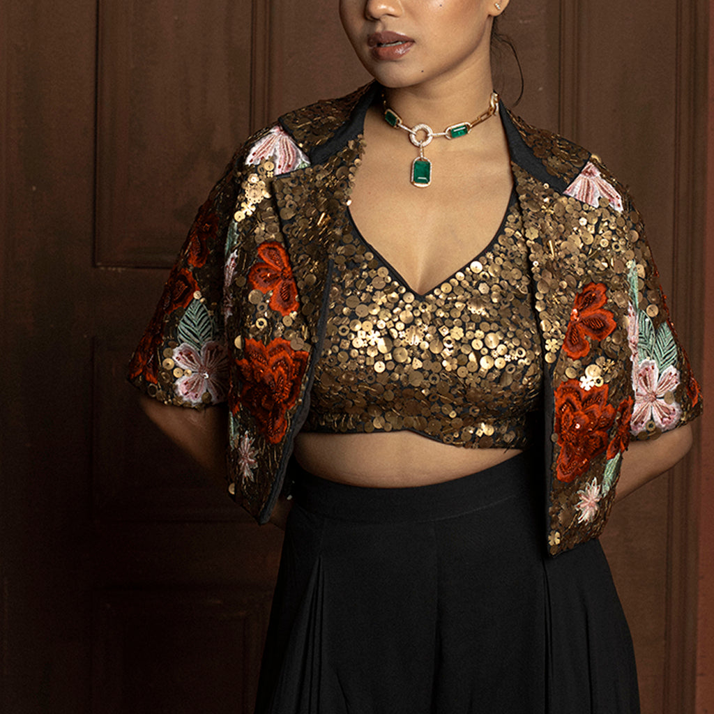 Black Palazzo Pant Set with Gold Sequin Blouse & Floral Embroidered Cape