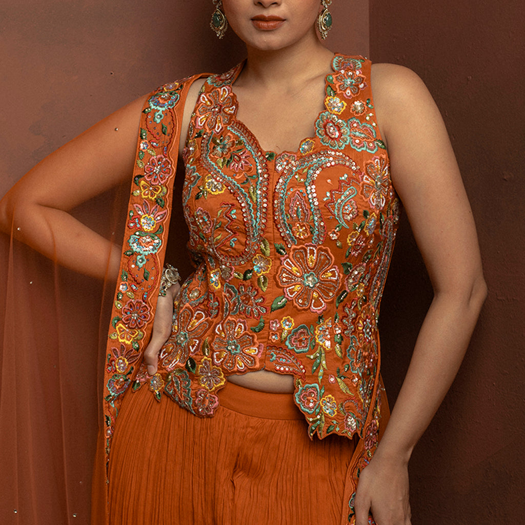 Helen Orange Floral Work Palazzo Suit - georgette Indian ethnic wear by Rangoli