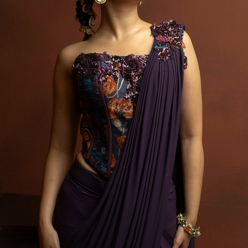 Helen Purple Chanderi & Silk Corset Fit Saree - silk Indian ethnic wear by Rangoli