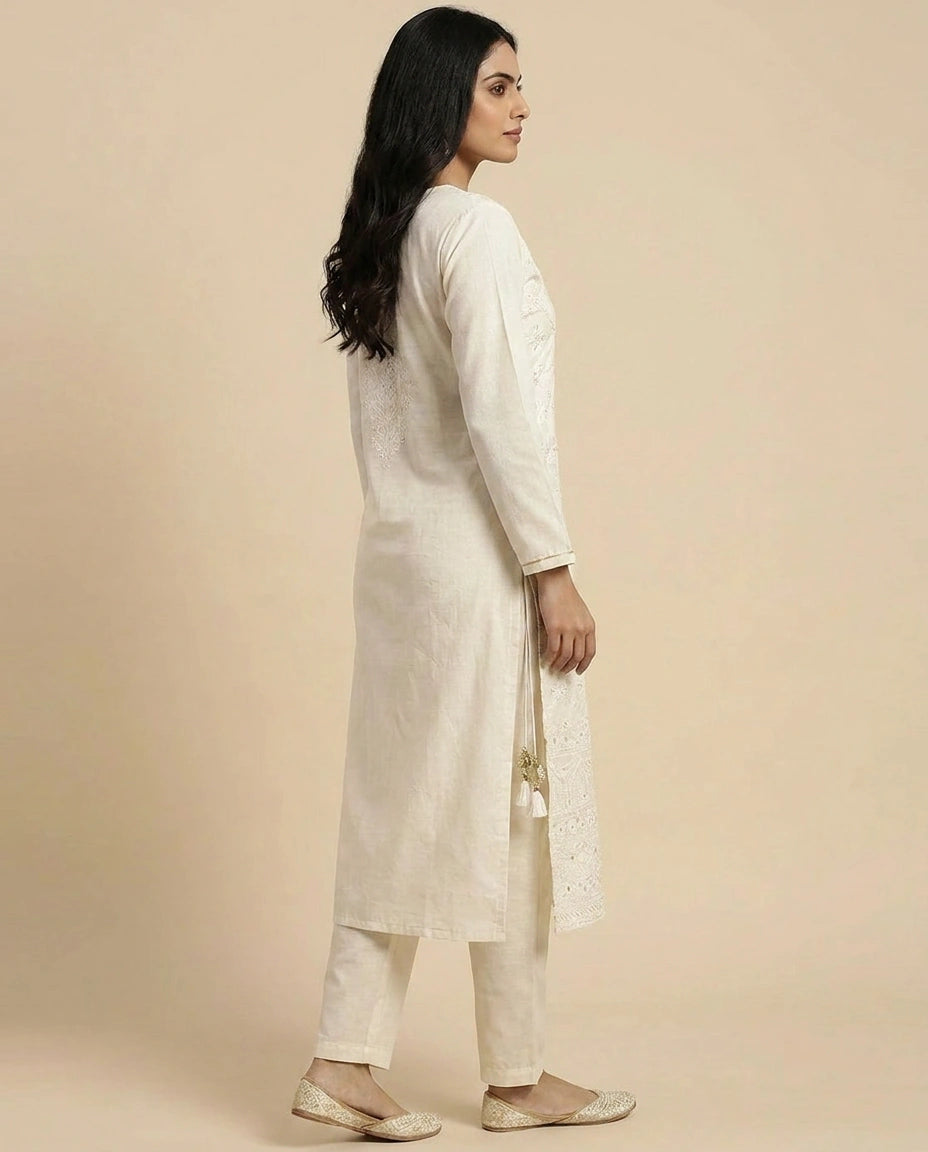 Off White Cotton Kurti with Bottom for Daily Wear