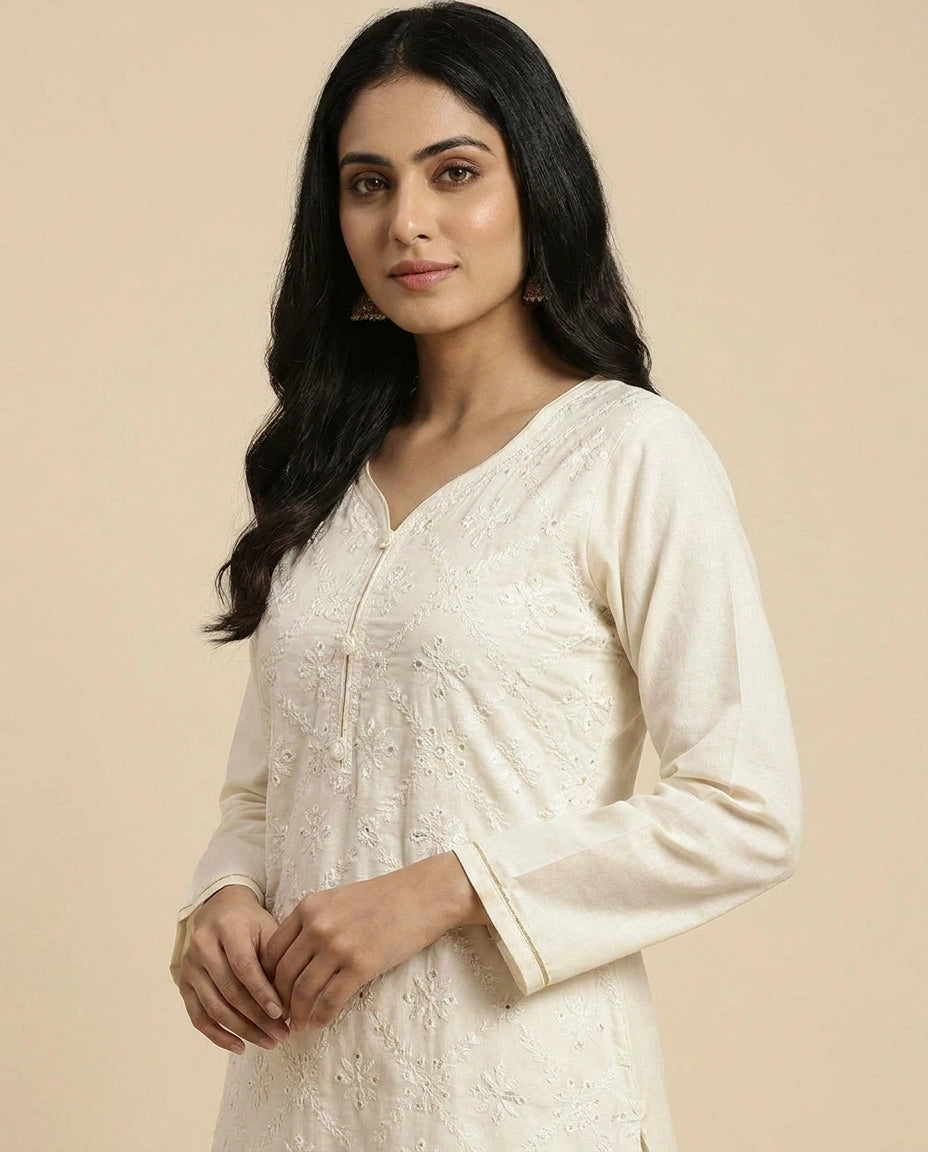 Off White Cotton Kurti with Bottom for Daily Wear