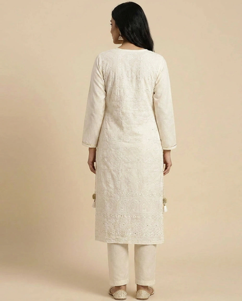 Off White Cotton Kurti with Bottom for Daily Wear