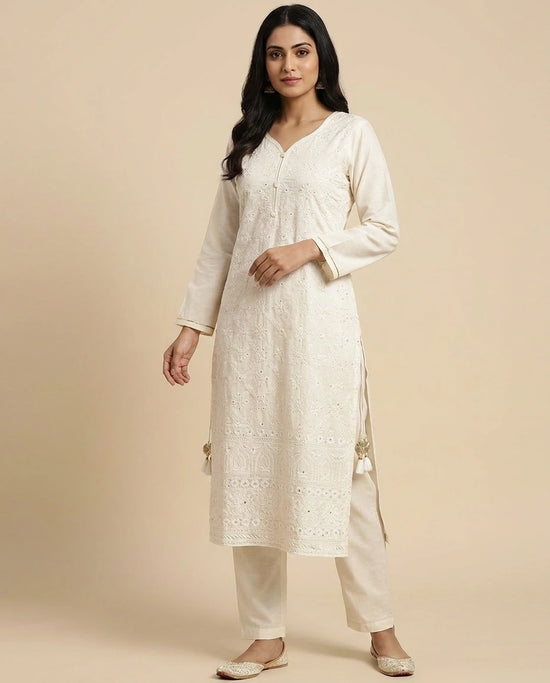 Off White Cotton Kurti with Bottom for Daily Wear