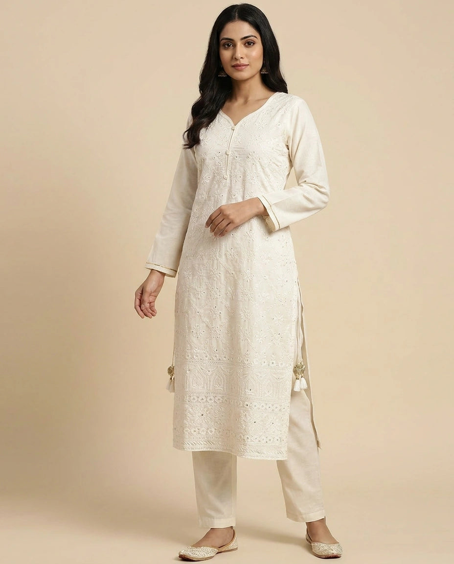 Off White Cotton Kurti with Bottom for Daily Wear