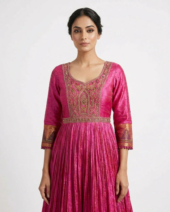 Magenta Raw Silk Anarkali Gown with Floor-Length Flare view 2