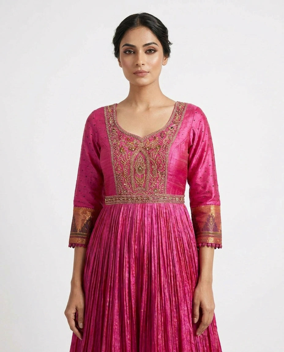Magenta Raw Silk Anarkali Gown with Floor-Length Flare view 2