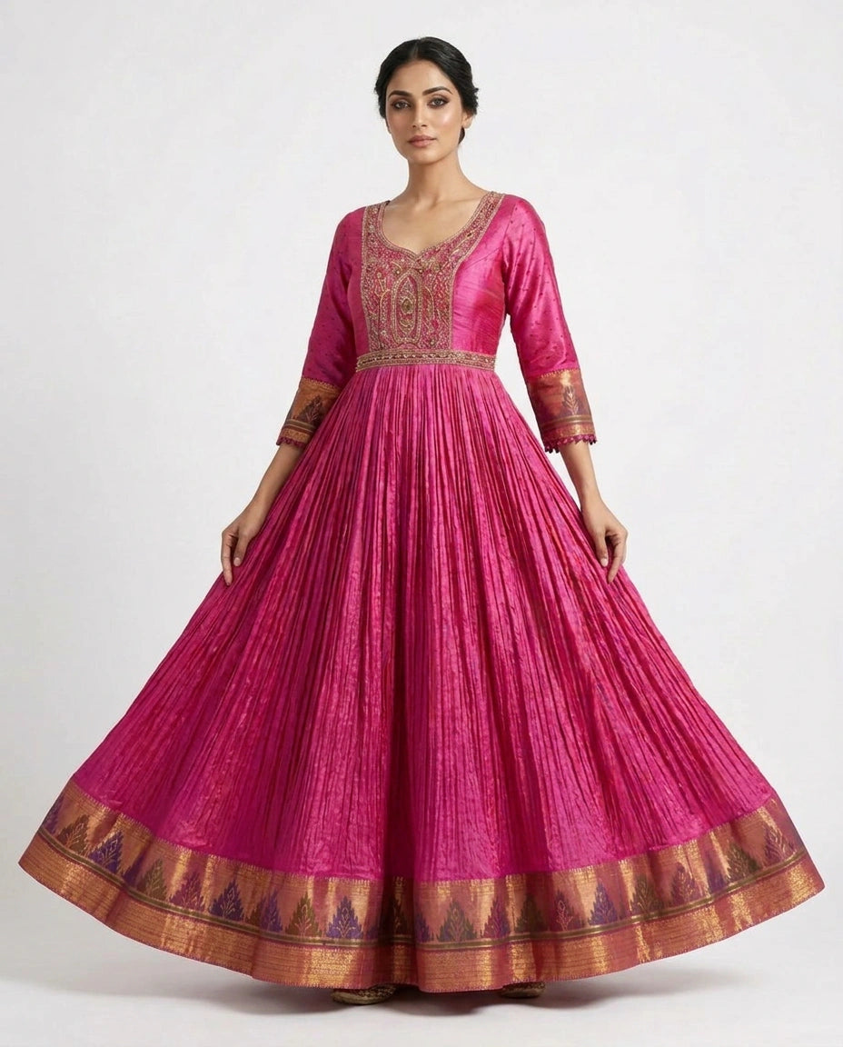 Magenta Raw Silk Anarkali Gown with Floor-Length Flare view 4