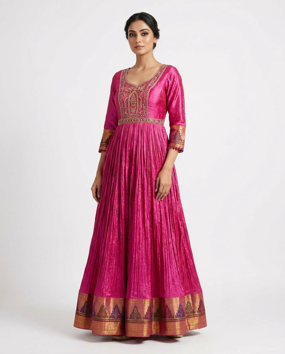 Magenta Raw Silk Anarkali Gown with Floor-Length Flare - Rangoli India