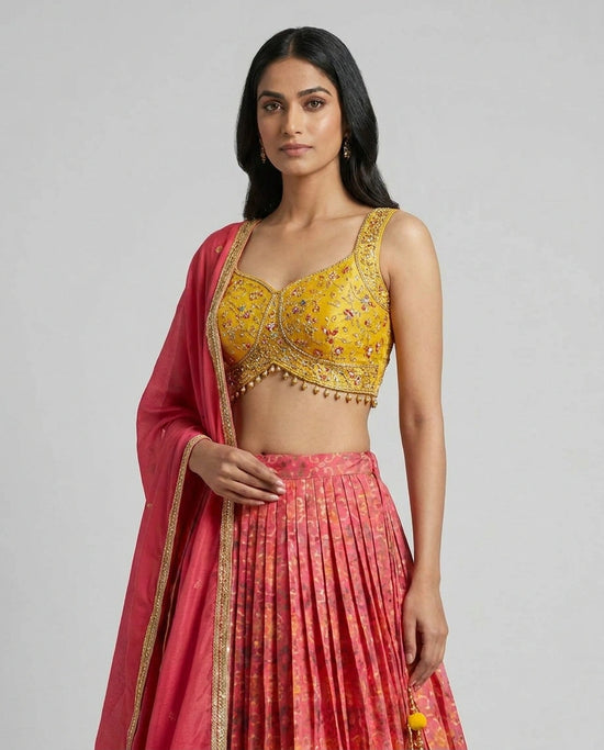 Rani/Yellow Silk Katan Croptop Lehenga with Embroidered Croptop view 2
