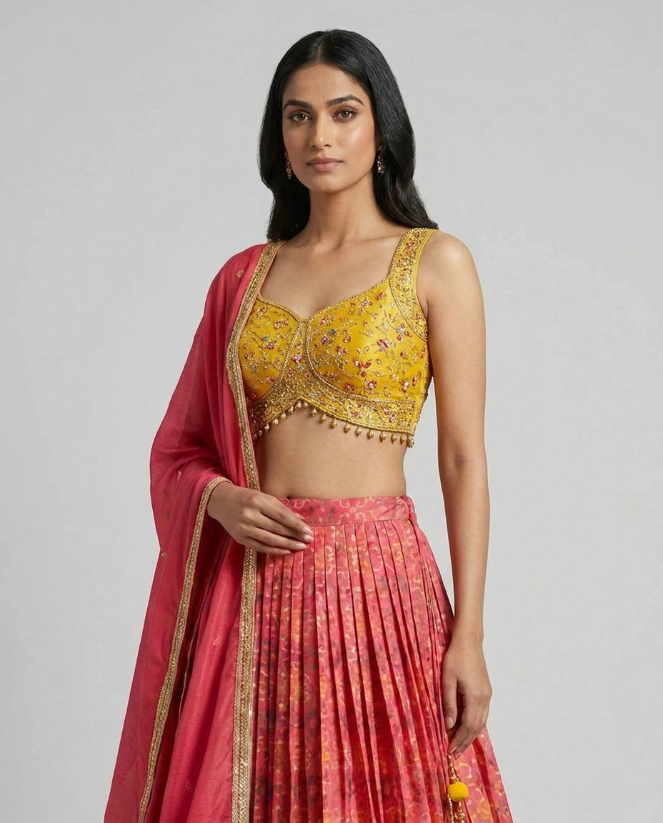 Rani/Yellow Silk Katan Croptop Lehenga with Embroidered Croptop view 2