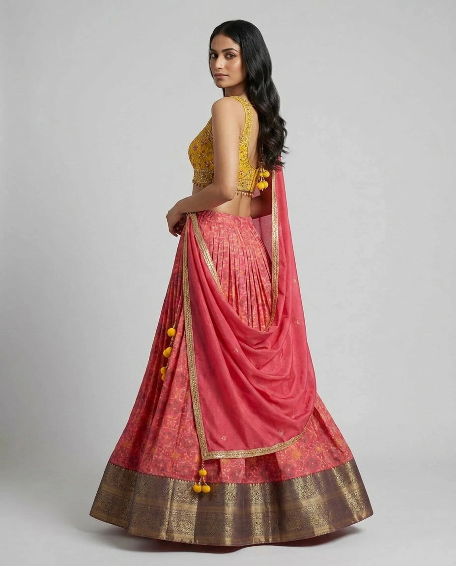 Rani/Yellow Silk Katan Croptop Lehenga with Embroidered Croptop view 3