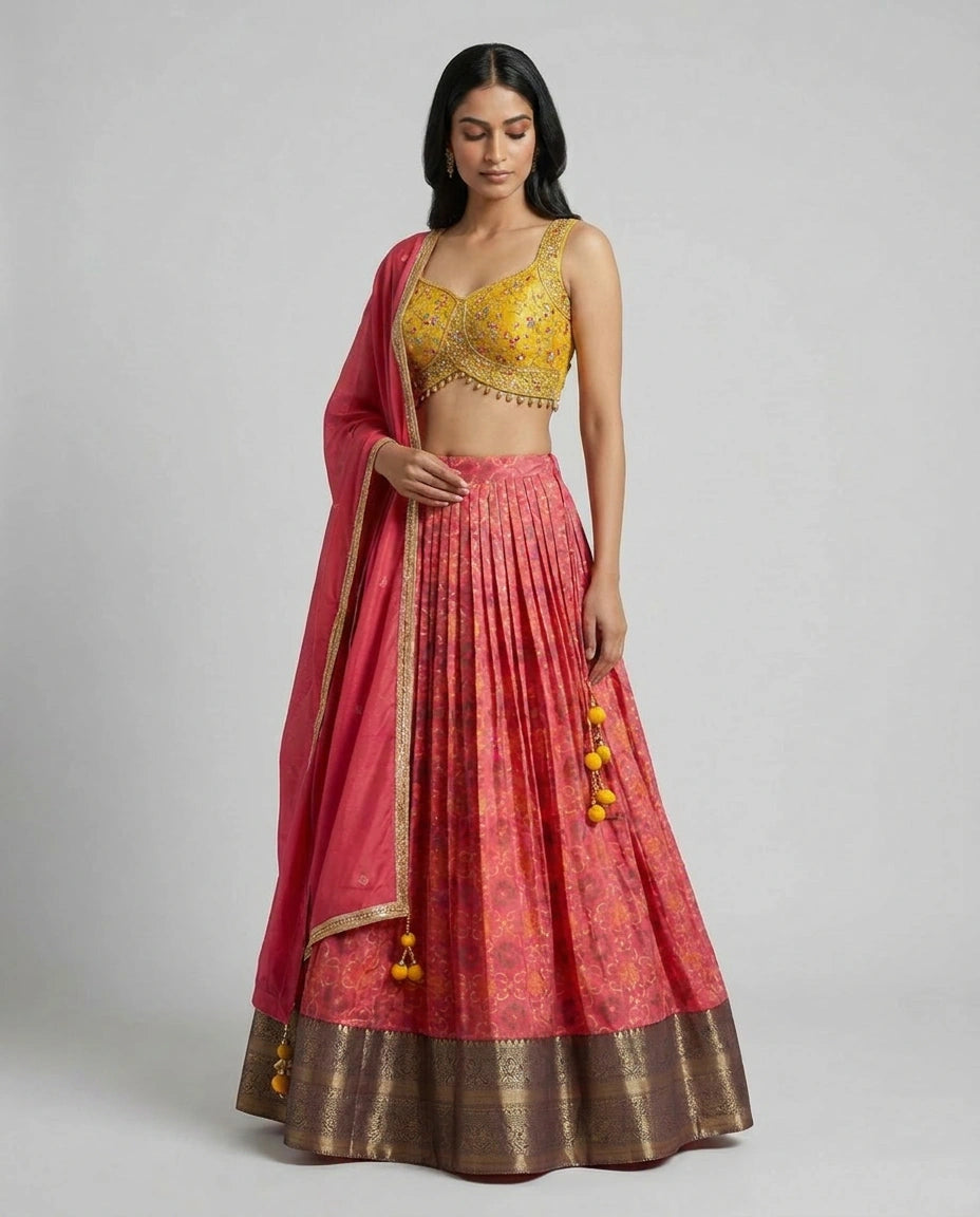 Rani/Yellow Silk Katan Croptop Lehenga with Embroidered Croptop view 4