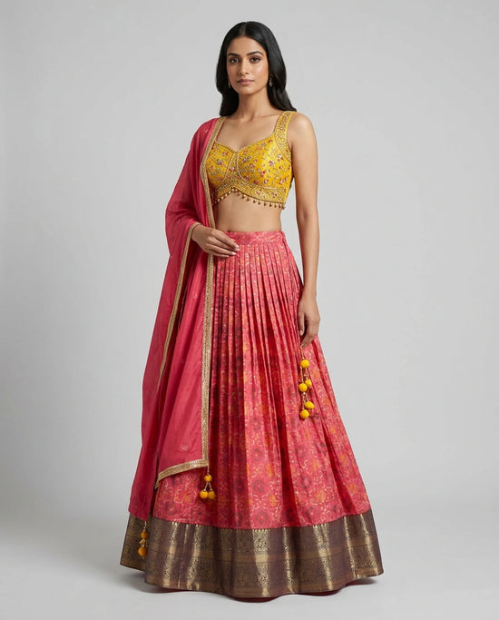 Rani/Yellow Silk Katan Croptop Lehenga with Embroidered Croptop - Rangoli India