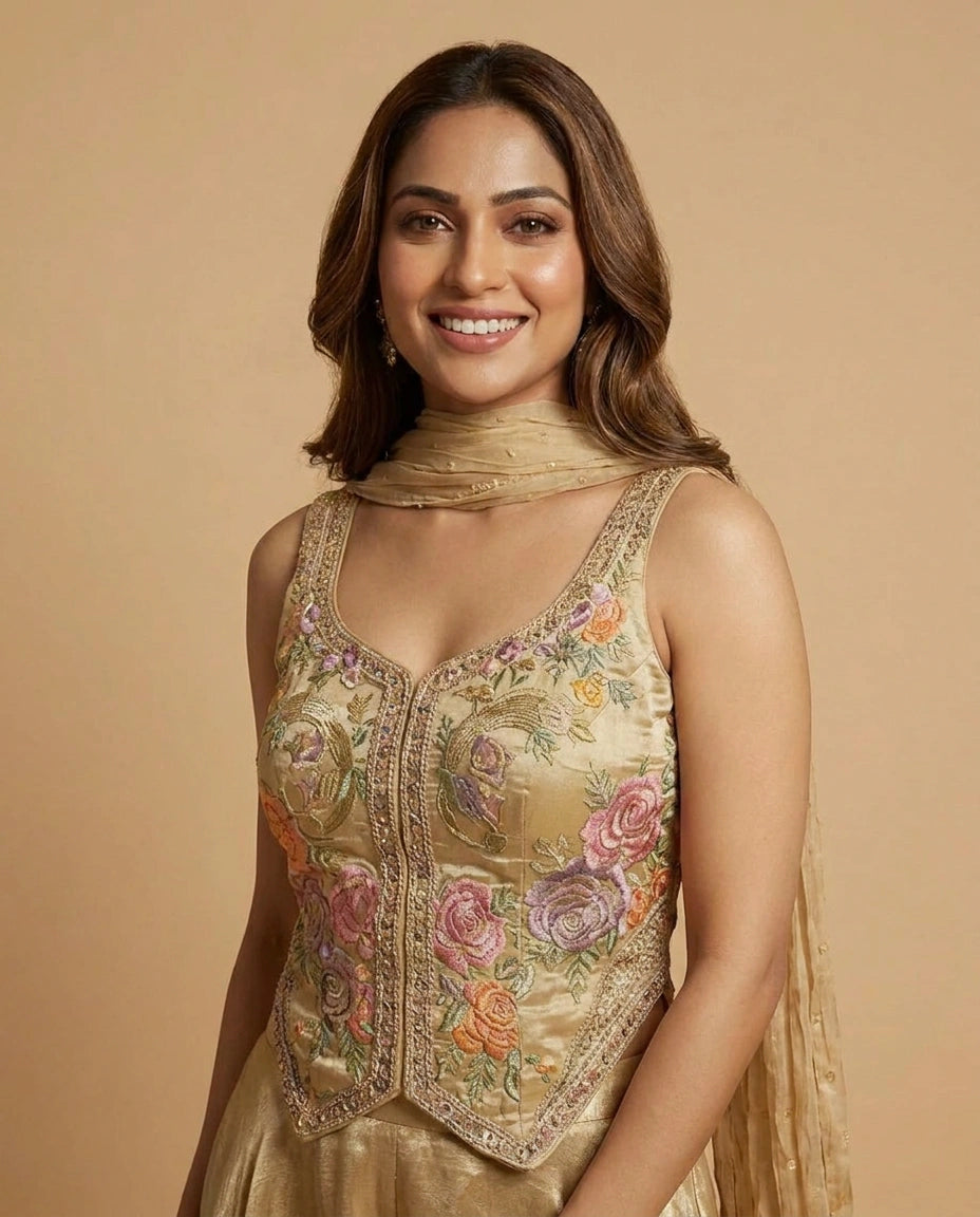 Tissue Corset Palazzo Suit with Sequin and Embroidery Work - Rangoli India