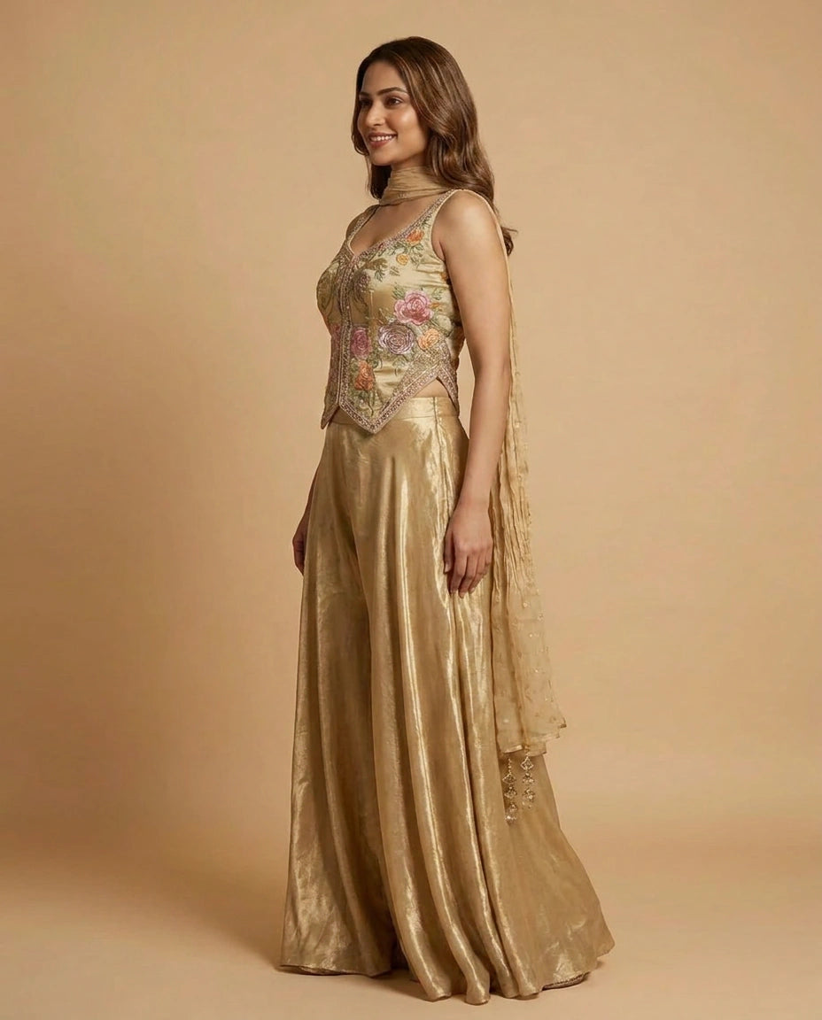 Tissue Corset Palazzo Suit with Sequin and Embroidery Work - Rangoli India