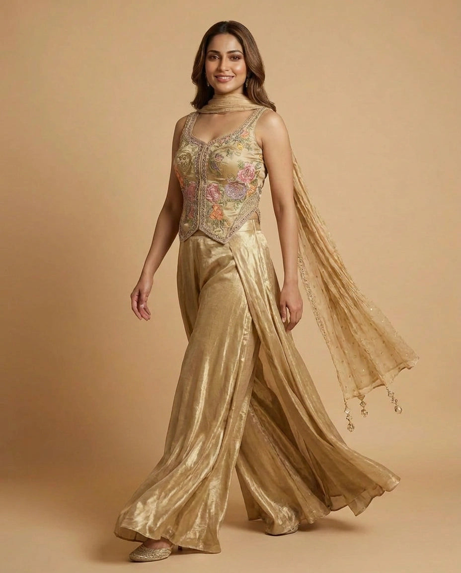 Tissue Corset Palazzo Suit with Sequin and Embroidery Work - Rangoli India