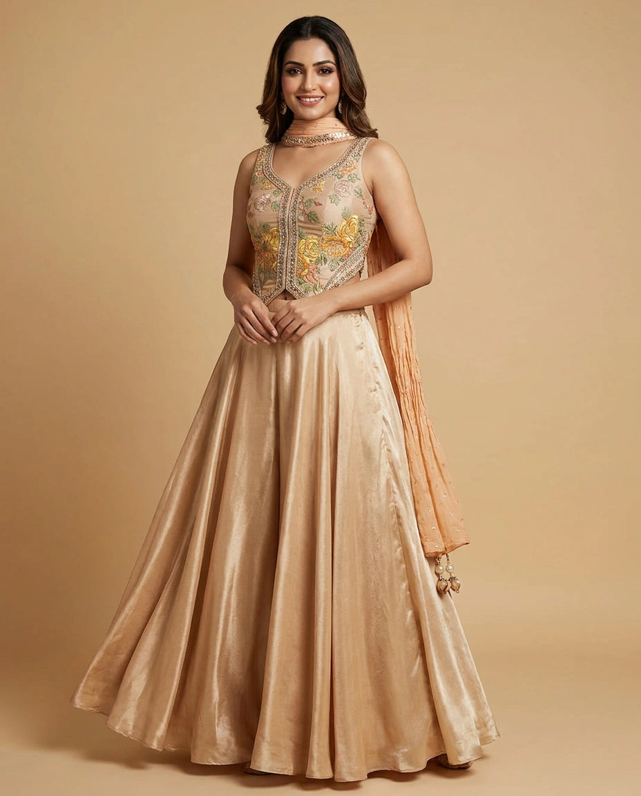 Tissue Corset Palazzo Suit with Sequin and Embroidery Work - Rangoli India
