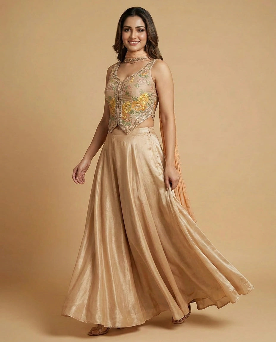 Tissue Corset Palazzo Suit with Sequin and Embroidery Work - Rangoli India