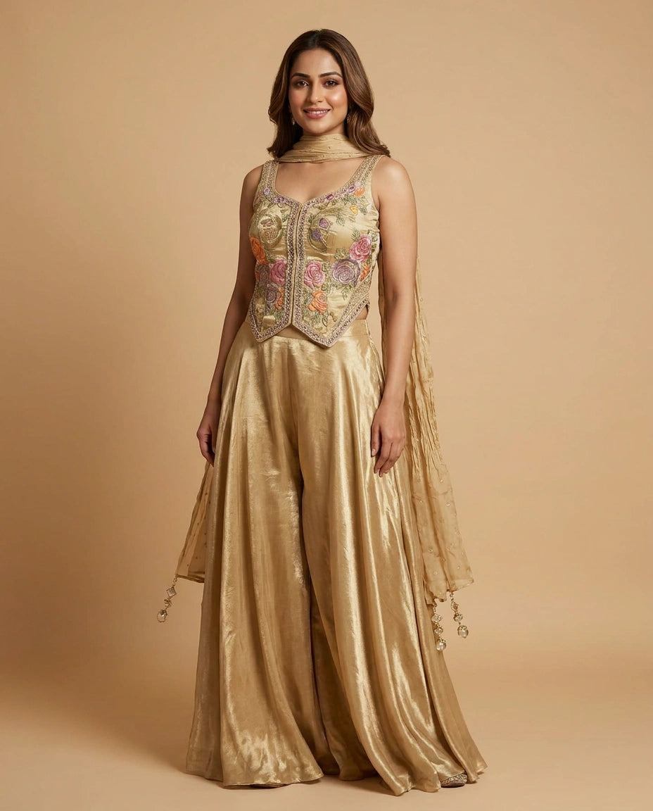 Tissue Corset Palazzo Suit with Sequin and Embroidery Work - Rangoli India