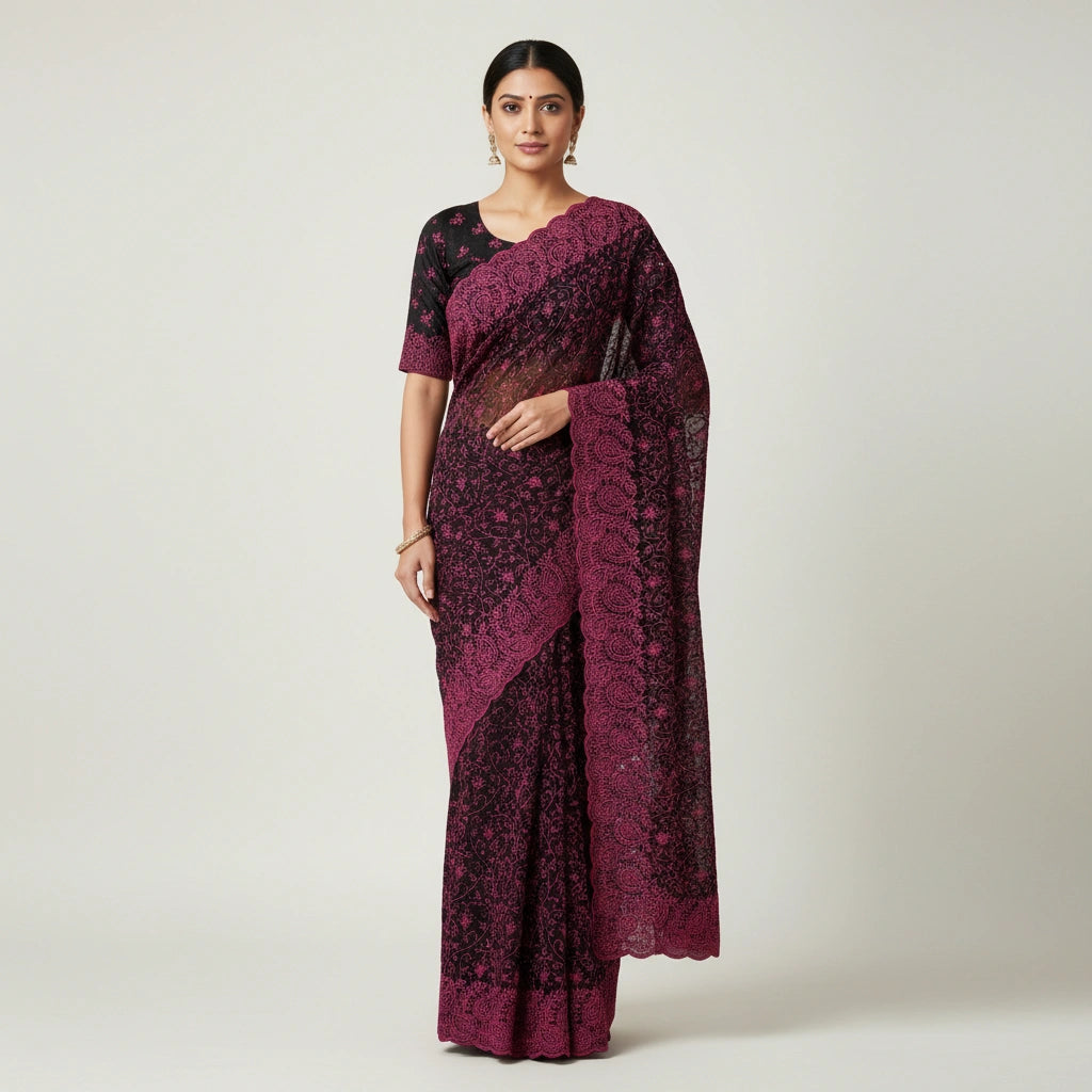 Embroidered Georgette Saree with Traditional Motifs - georgette; synthetic Indian ethnic wear by Rangoli