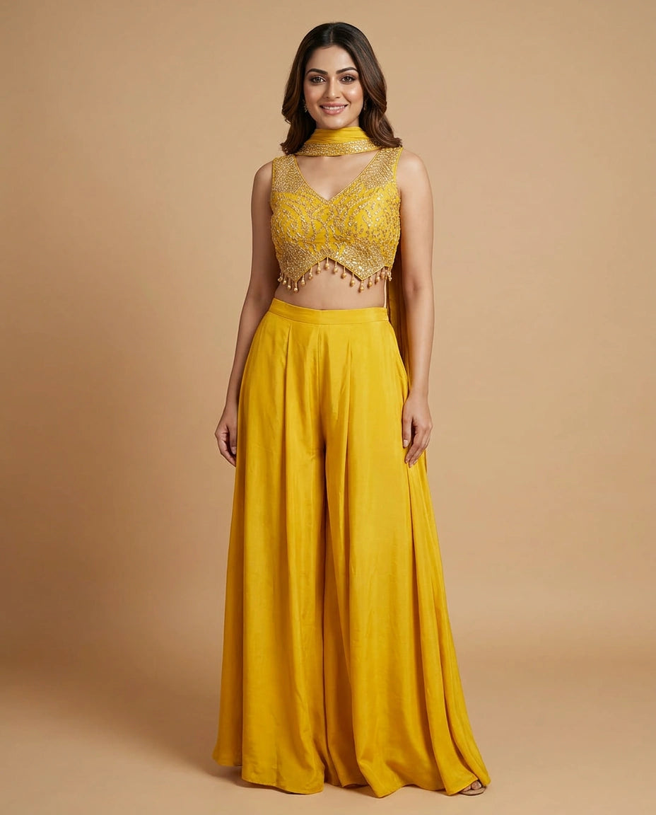 Woman wearing a yellow outfit with intricate detailing on a beige background