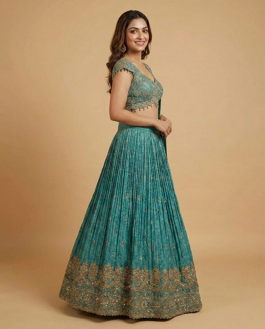 Turquoise Tissue Croptop Lehenga with Sequin Embellishment - Rangoli India