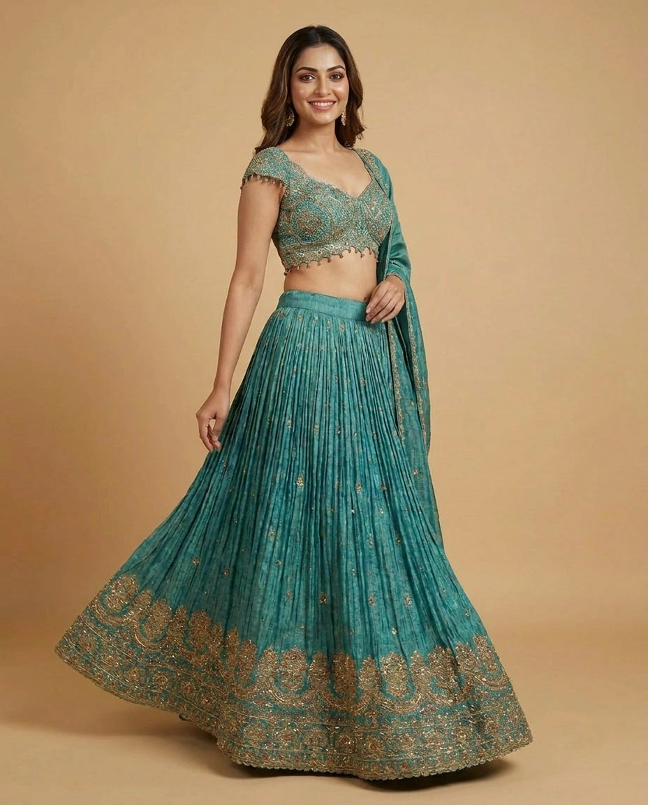 Turquoise Tissue Croptop Lehenga with Sequin Embellishment - Rangoli India