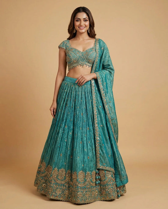 Turquoise Tissue Croptop Lehenga with Sequin Embellishment - Rangoli India