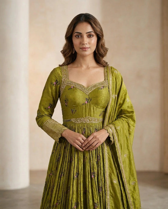 Olive Green Dola Silk Anarkali Gown with Floor-Length Flare view 2