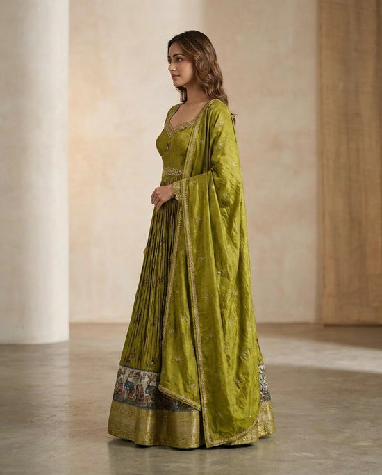 Olive Green Dola Silk Anarkali Gown with Floor-Length Flare view 3