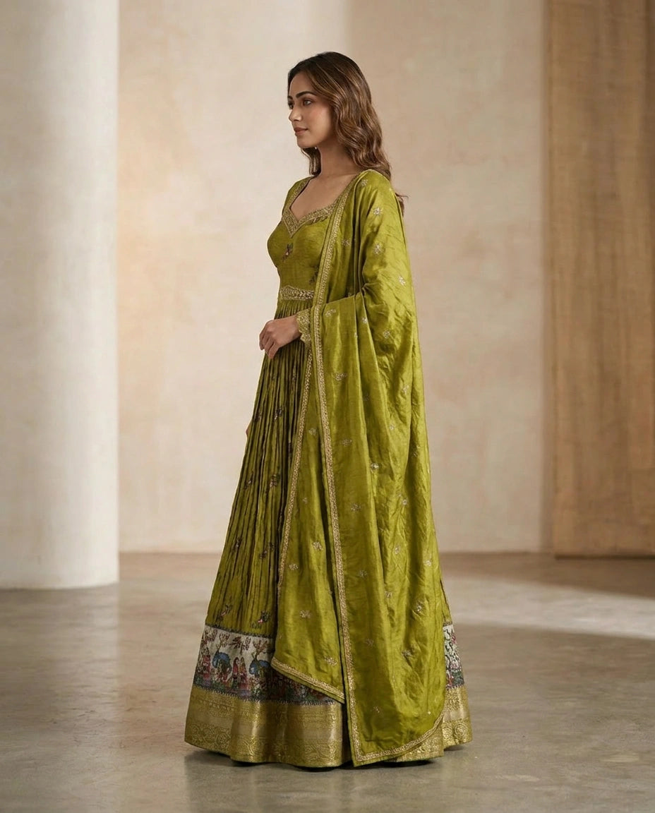 Olive Green Dola Silk Anarkali Gown with Floor-Length Flare view 3